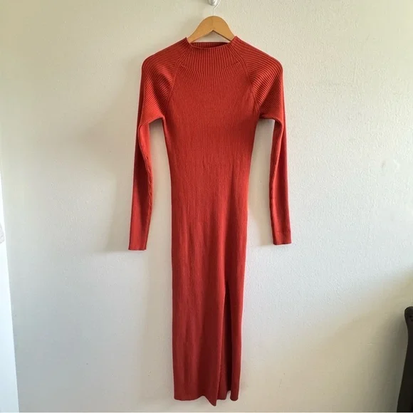 Aritzia Wilfred Alchemy Orange Ribbed Knit Bodycon Slit MIDI Dress Size Medium - Picture 3 of 9
